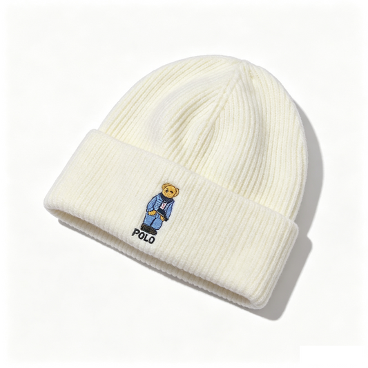 Polo Bear Logo Ribbed Knit Beanie, Cream White Casual Winter Skull Cap