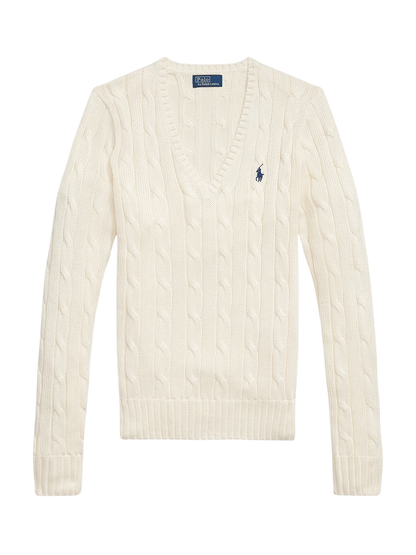 RALPH LAUREN WOMEN Cable-Knit Cotton V-Neck Jumper Cream