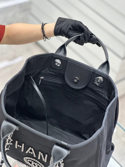 Chanel Natural Canvas and Black Leather Large Pearl Deauville Tote - 30x39x22cm