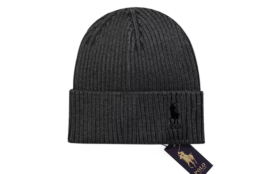 Polo Pony Logo Ribbed Knit Beanie, Charcoal Black Stretch Winter Hat 55‑59cm Adjustable 2.