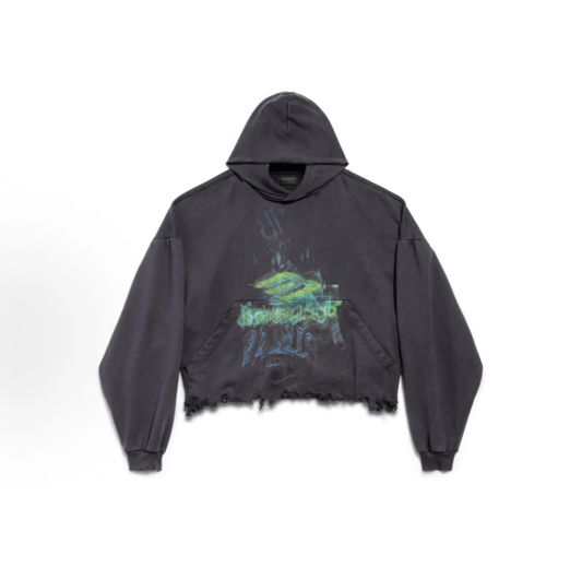 Balenciaga Distressed Cropped Graffiti Hoodie Unisex Black