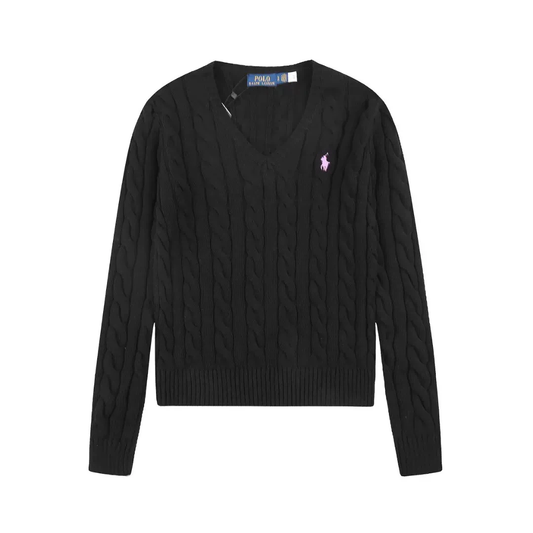 Polo Ralph Lauren Pink Pony Logo Cable‑Knit V‑Neck Sweater, Black Women Long Sleeve Jumper