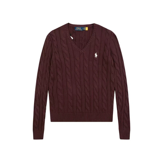 Polo Ralph Lauren White Pony Logo Cable‑Knit V‑Neck Sweater, Burgundy Women Knit Top