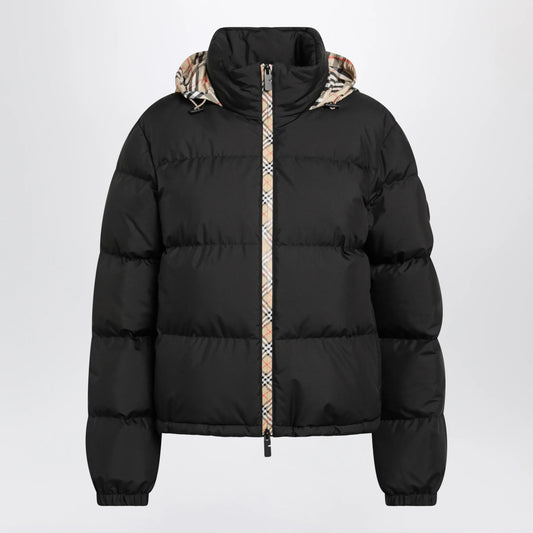 Burberry - Black Zip-Up Down Jacket with Check Detail