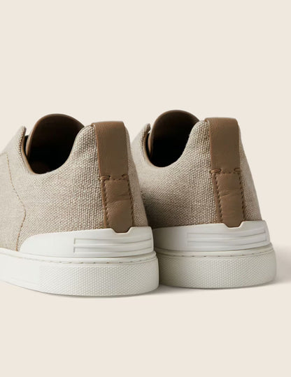 Cotton Linen & Leather Triple Stitch Sneakers | Light Beige